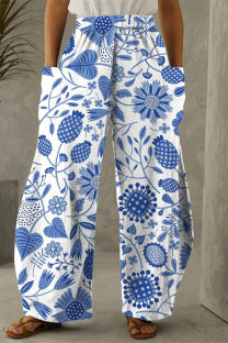 Blue White Fashion Casual Print Split Joint Pocket Regular High Waist Trousers
