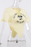 Light Yellow Fashion Print Patchwork U Neck T-Shirts