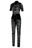 White Sexy Solid Patchwork See-through Half A Turtleneck Short Sleeve Two Pieces