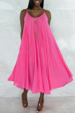 Rose Red Sweet Elegant Solid Split Joint Fold Asymmetrical Spaghetti Strap Sling Dress Dresses
