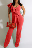 Red Fashion Casual Solid Patchwork With Belt V Neck Regular Jumpsuits