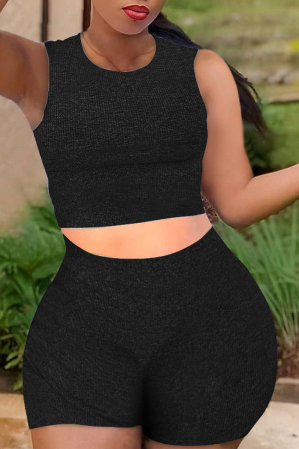 Black Casual Solid Patchwork O Neck Sleeveless Two Pieces