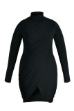 Pink Sweet Solid Patchwork Fold Half A Turtleneck Irregular Dress Dresses