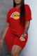 Deep Red Fashion Sportswear Print Letter O Neck Short Sleeve Two Pieces