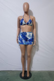 Blue Fashion Sexy Print Bandage Backless Halter Sleeveless Two Pieces