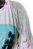 Pink Fashion Print Tassel Bandage V Neck T-Shirts