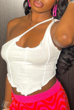 White Sexy Solid Split Joint One Shoulder Tops