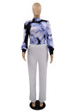 Blue Fashion Casual Print Basic Turtleneck Long Sleeve Two Pieces