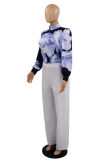 Blue Fashion Casual Print Basic Turtleneck Long Sleeve Two Pieces