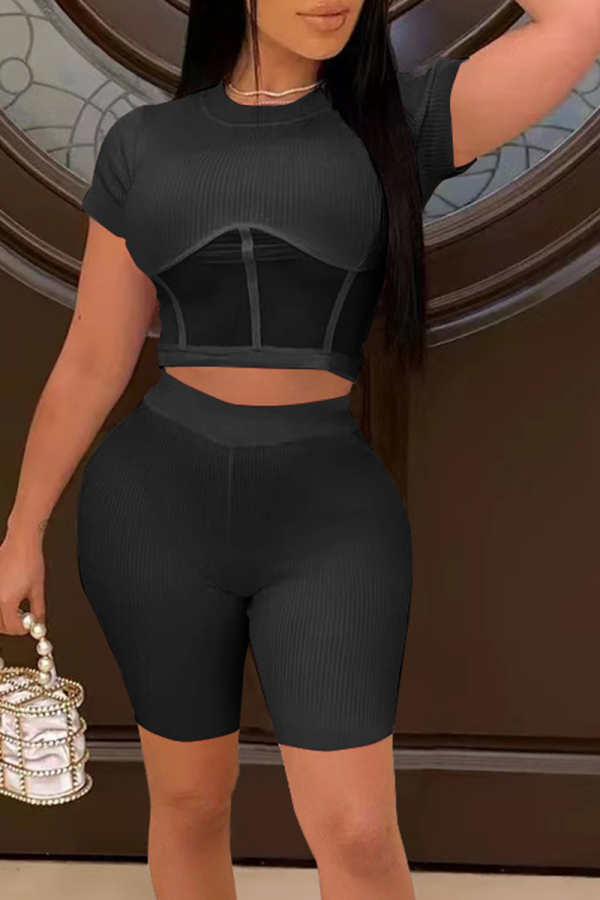 Black Sexy Solid Mesh O Neck Short Sleeve Two Pieces