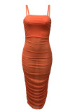 Orange Fashion Casual Solid See-through Backless Fold Spaghetti Strap Long Dress