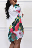 White Casual Print Patchwork Pocket Buckle Turndown Collar Shirt Dress Dresses