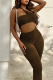 Brownness Fashion Casual Solid Backless Slit Fold One Shoulder Sleeveless Two Pieces