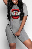 Grey Fashion Casual Lips Printed Basic O Neck Short Sleeve Two Pieces