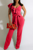 Red Fashion Casual Solid Patchwork With Belt V Neck Regular Jumpsuits