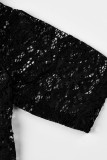 White Sexy Solid Patchwork See-through Half A Turtleneck Short Sleeve Two Pieces