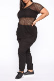 Black Fashion Sexy Solid Hollowed Out See-through O Neck Plus Size Tops