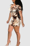 Colour Sexy Print Hollowed Out Patchwork Backless O Neck Regular Rompers