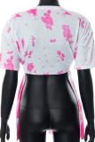 Pink Fashion Print Tassel Bandage V Neck T-Shirts