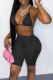 Black Sexy Solid Patchwork Spaghetti Strap Sleeveless Two Pieces