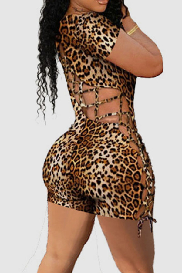 Khaki Sexy Print Hollowed Out Patchwork Backless O Neck Regular Rompers