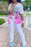 Pink Fashion Print Tassel Bandage V Neck T-Shirts