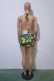 Blue Yellow Fashion Sexy Print Bandage Backless Halter Sleeveless Two Pieces