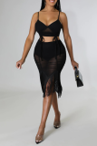 Black Sexy Solid Tassel Spaghetti Strap Sleeveless Two Pieces