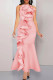 Pink Fashion Sexy Solid Patchwork Backless Spaghetti Strap Evening Dress