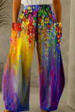Blue Fashion Casual Print Patchwork Pocket Regular High Waist Conventional Full Print Bottoms