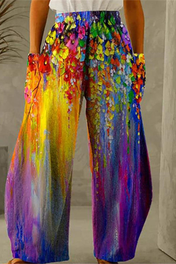Yellow Purple Fashion Casual Print Patchwork Pocket Regular High Waist Conventional Full Print Bottoms