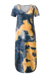Yellow Fashion Casual Print Tie Dye Slit O Neck Short Sleeve Dress