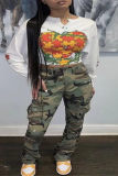 Army Green Fashion Casual Camouflage Print Patchwork Regular Mid Waist Trousers