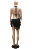 Apricot Sexy Patchwork Hot Drilling Tassel Bandage Hollowed Out Backless Spaghetti Strap Irregular Dress