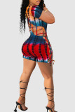 Colour Sexy Print Hollowed Out Patchwork Backless O Neck Regular Rompers