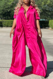 Watermelon Red Casual Solid Patchwork Turndown Collar Loose Jumpsuits