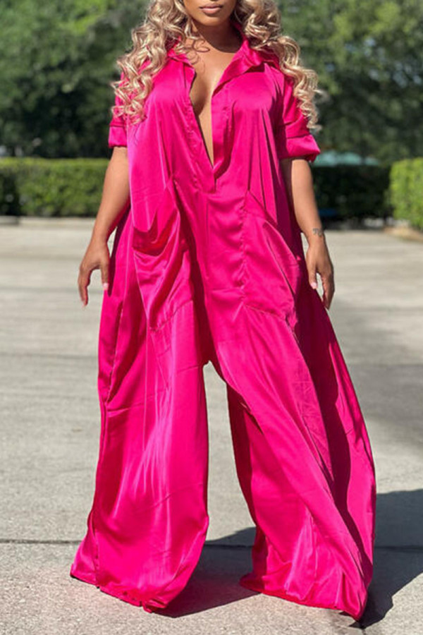 Rose Red Casual Solid Patchwork Turndown Collar Loose Jumpsuits