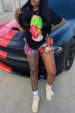 Black Fashion Casual Print Basic O Neck Short Sleeve Two Pieces