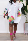 White Casual Print Patchwork Pocket Buckle Turndown Collar Shirt Dress Dresses