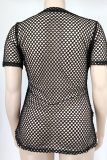 Black Fashion Sexy Solid Hollowed Out See-through O Neck Plus Size Tops