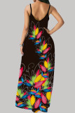 Black Fashion Casual Print Backless Spaghetti Strap Long Dress