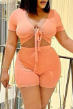 Red Fashion Casual Solid Bandage V Neck Short Sleeve Two Pieces