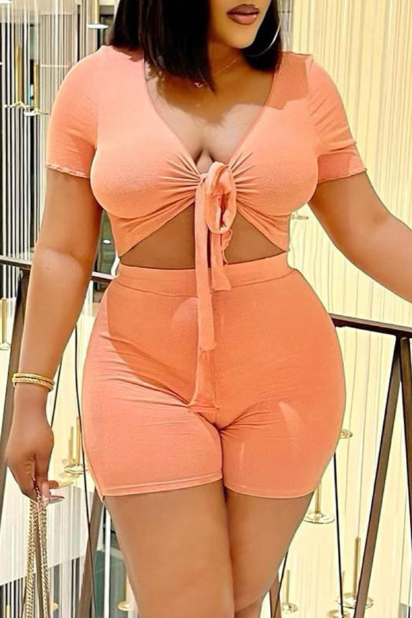 Orange Fashion Casual Solid Bandage V Neck Short Sleeve Two Pieces