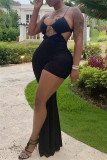Rose Red Fashion Sexy Solid Hollowed Out Backless Asymmetrical Spaghetti Strap Skinny Jumpsuits