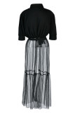 Black Fashion Casual Solid Split Joint Turndown Collar Short Sleeve Dress Dresses