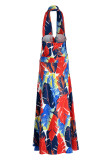 Blue Fashion Sexy Print Hollowed Out Backless Slit Halter Sleeveless Plus Size Dress