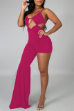 Rose Red Fashion Sexy Solid Hollowed Out Backless Asymmetrical Spaghetti Strap Skinny Jumpsuits