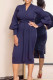 Tibetan Blue Casual Solid Patchwork V Neck One Step Skirt Dresses