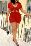 Red Fashion Casual Solid Bandage V Neck Short Sleeve Two Pieces