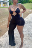 Rose Red Fashion Sexy Solid Hollowed Out Backless Asymmetrical Spaghetti Strap Skinny Jumpsuits